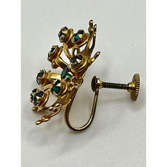 Vintage Gold Tone Cluster Starburst Statement Earrings Green Stones Twist Backs‎ - Picture 5 of 7
